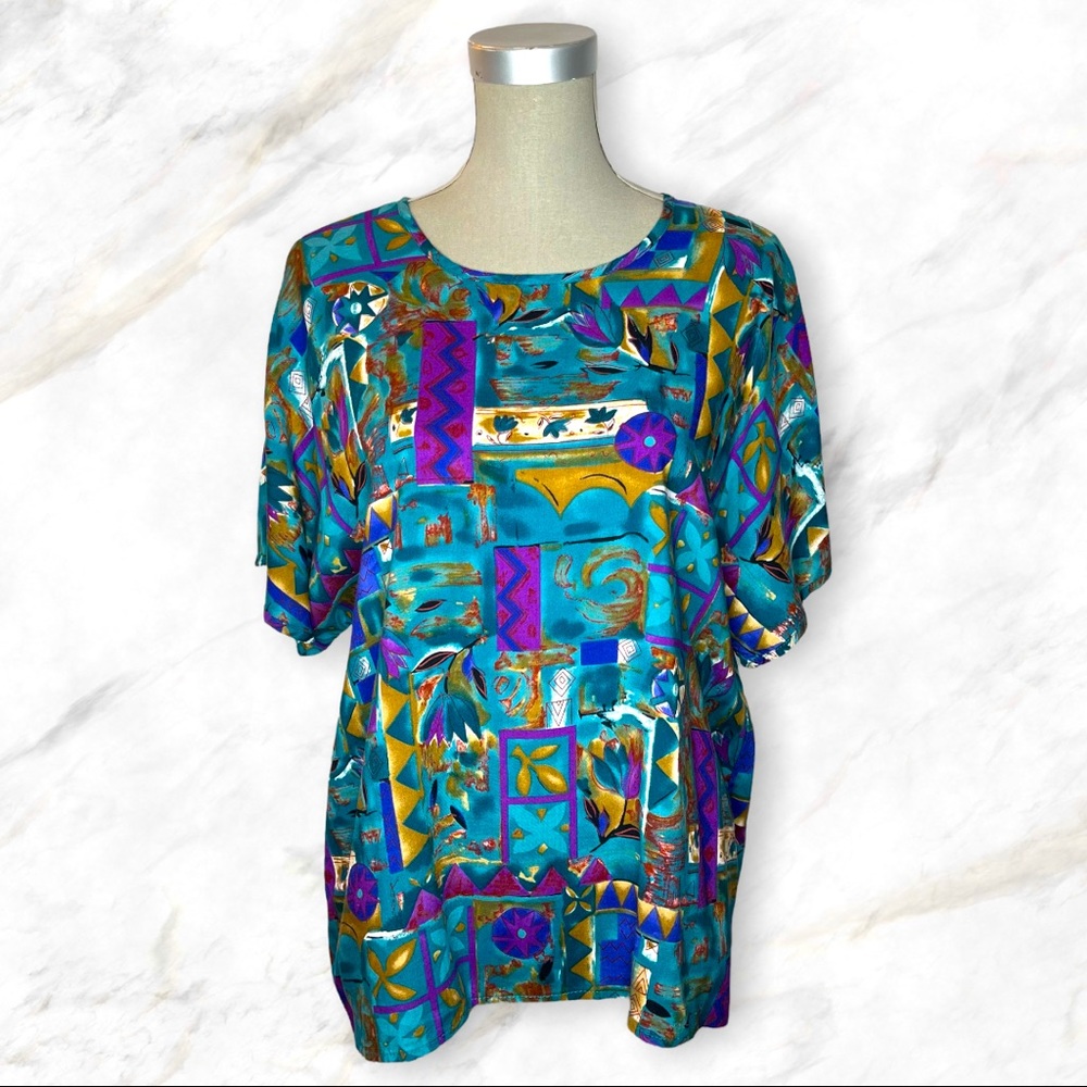 Vintage | 90s Funky Print Teal, Blue, Purple Top